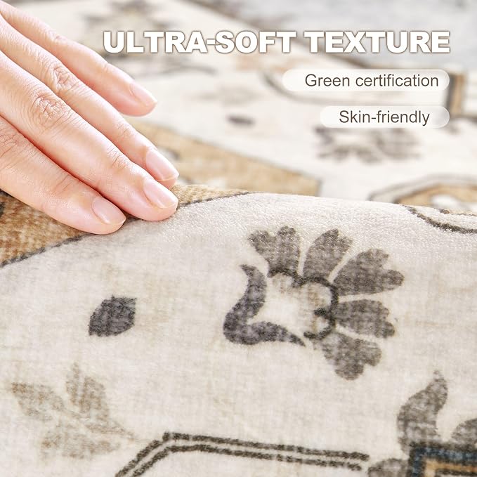 6x9 Washable Area Rug: Vintage Neutral Soft Non Slip Thin Large Floor Carpet - Image 5