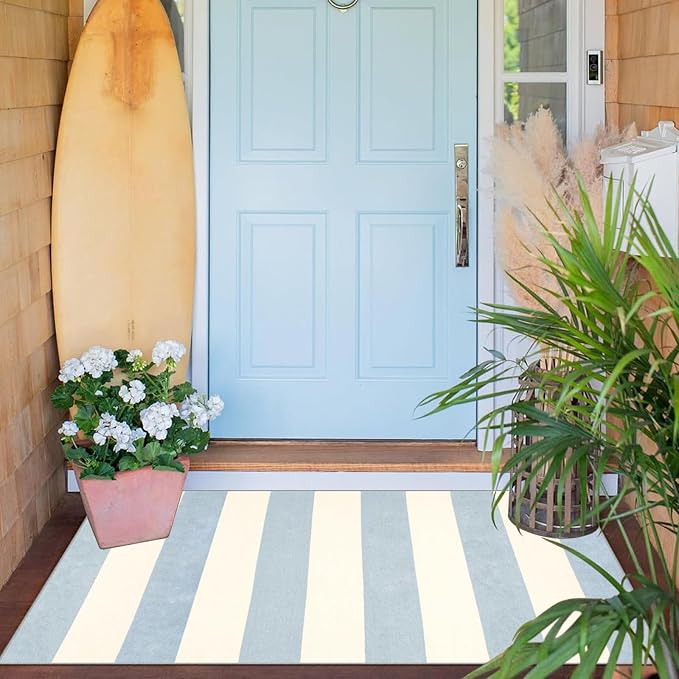 Blue White Striped Outdoor Rug - Image 6