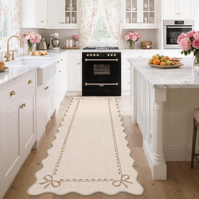 GarveeHome Scalloped Bow Rug for Living Room, Solid Beige Rug for Dorm - Image 2