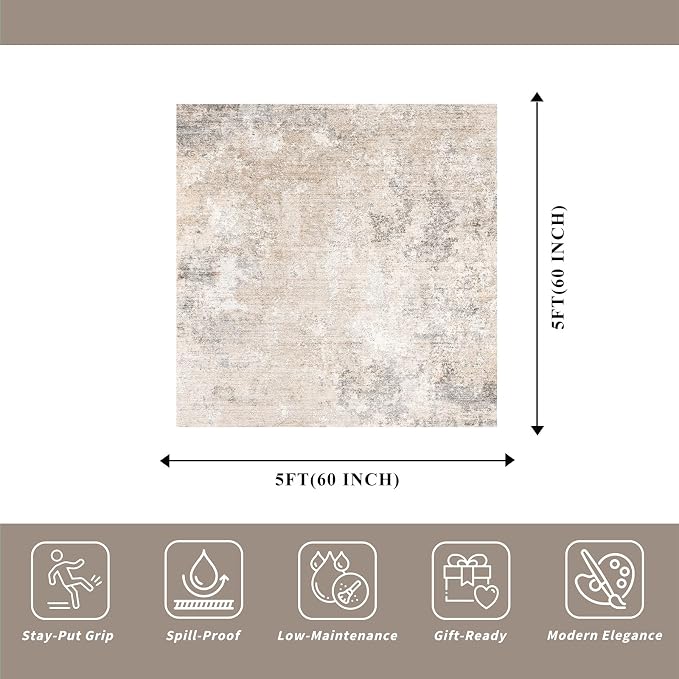8x8 Square Living Room Area Rug – Washable Modern Neutral Abstract Indoor Rug - Image 2