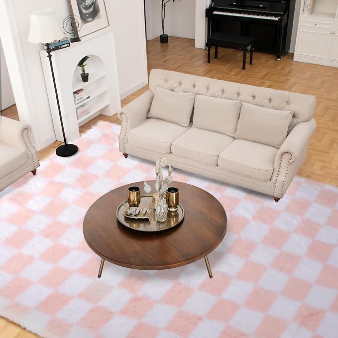 Super Soft Rug for Bedroom, 5x8 Ft Pink and White Area Rug Classic Checkered - Image 3