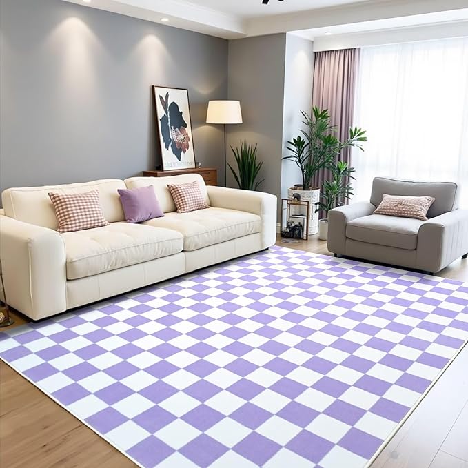 Terrug Purple and White Checkered Rug by TerrugHomeDecor