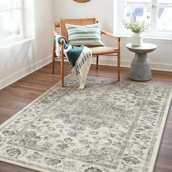 4x6 Washable Neutral Area Rug Green Vintage Entryway Office Carpet Non-Slip - Image 3
