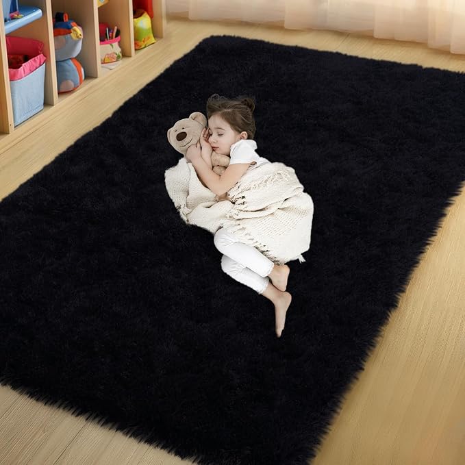qulint Black Area Rug for Living Room, 4x6 Fluffy Rug for Bedroom Soft Shag by QULINT