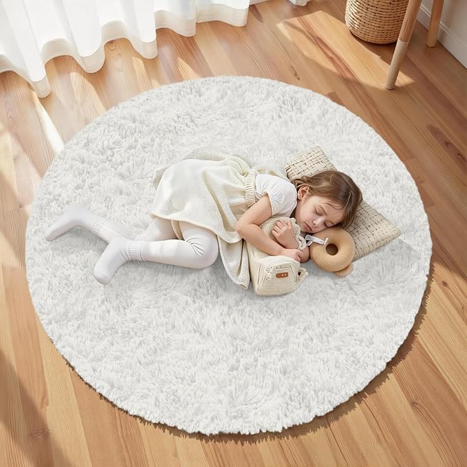 White Round Fluffy Rug 6ft, Soft Bedroom Circle Rugs Mats - Image 5