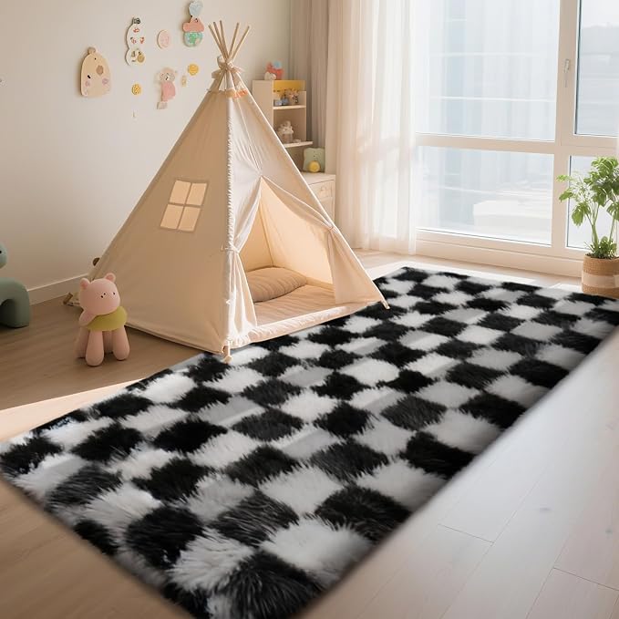 Checkered Rug for Bedroom, 3x5 Black and White Area Rugs, Classic Checkered - Image 3