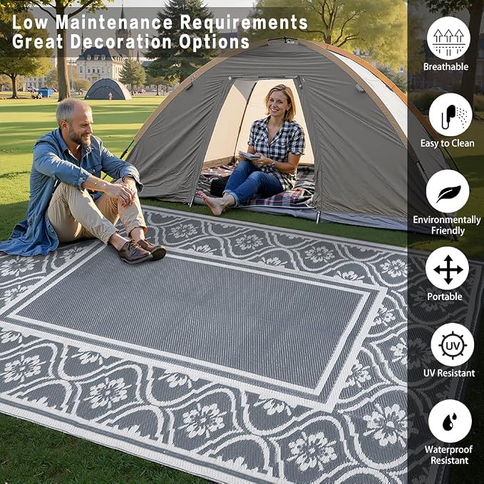 HUGEAR Outdoor Rug 9'x12' Patio Waterproof Mat Camping Carpet Outside Area Rug - Image 3