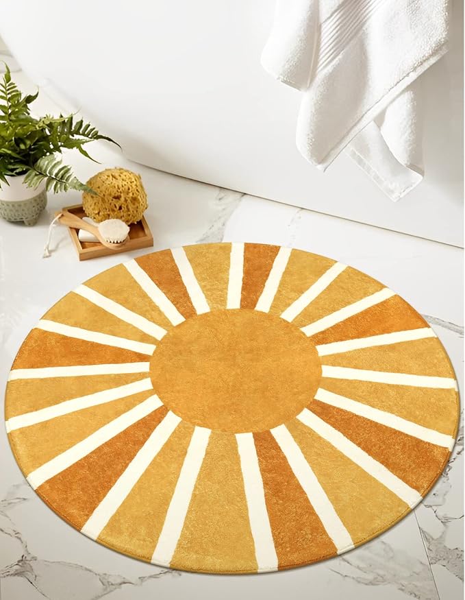 Lahome Sun Round Rug: 3ft Washable & Non-Slip Distressed Boho Rainbow Sun Print - Image 3