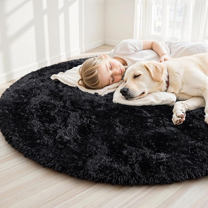 Black Round Fluffy Rug 5ft Plush Fuzzy Shaggy Carpet, Soft Rugs - Image 3