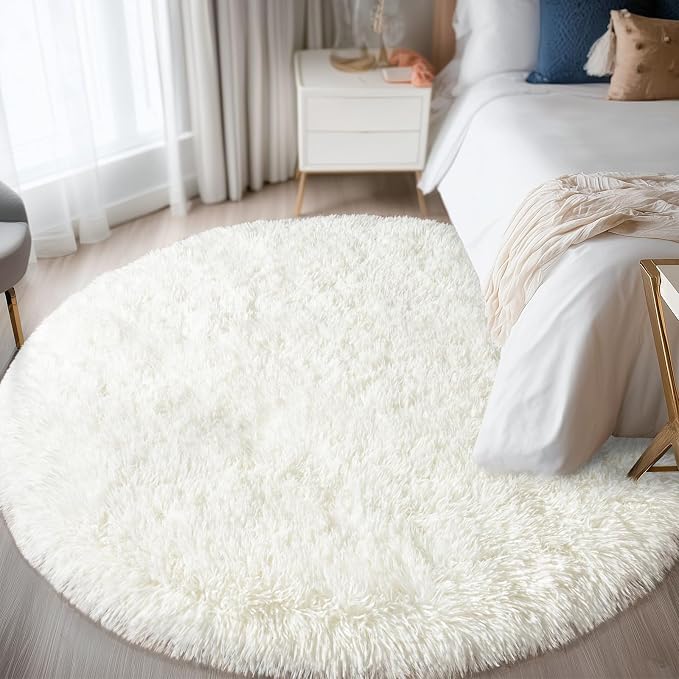 Round White Rug for Bedroom, 6 ft Circle Area Rugs for Living Room, Soft Fluffy by WISHTREE