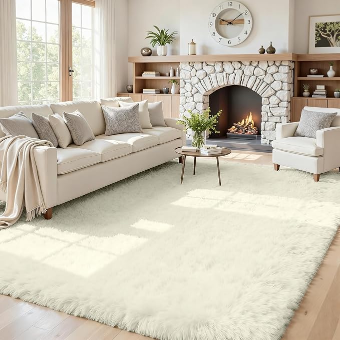 5x8 Area Rugs for Living Room: Soft Fluffy Shag Cream White Rugs for Bedroom by CarpetAddColortoYourLife