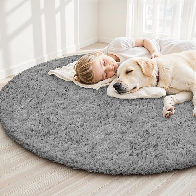 Light Gray Round Fluffy Rug 6ft Plush Fuzzy Shaggy Carpet, Soft Rugs - Image 3