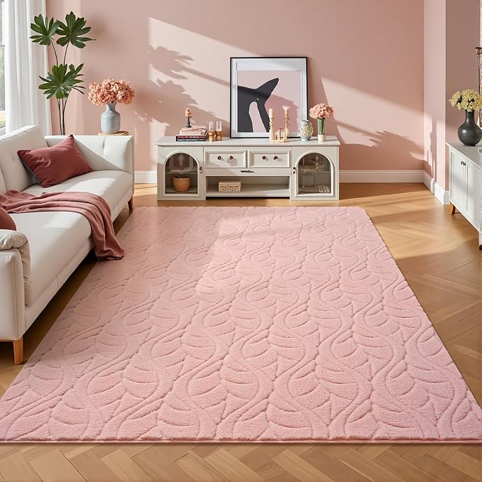 3x5 Pink Washable Area Rug for Girls Bedroom, Leaf Geometric Patter Shag - Image 2