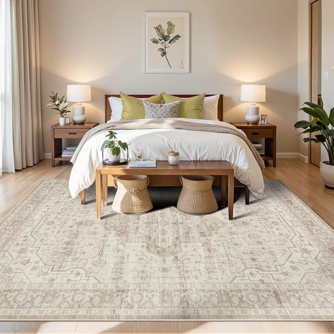 Rugxara 5X7 Washable Area Rug for Living Room, Vintage Neutral Large Boho Rugs - Image 2