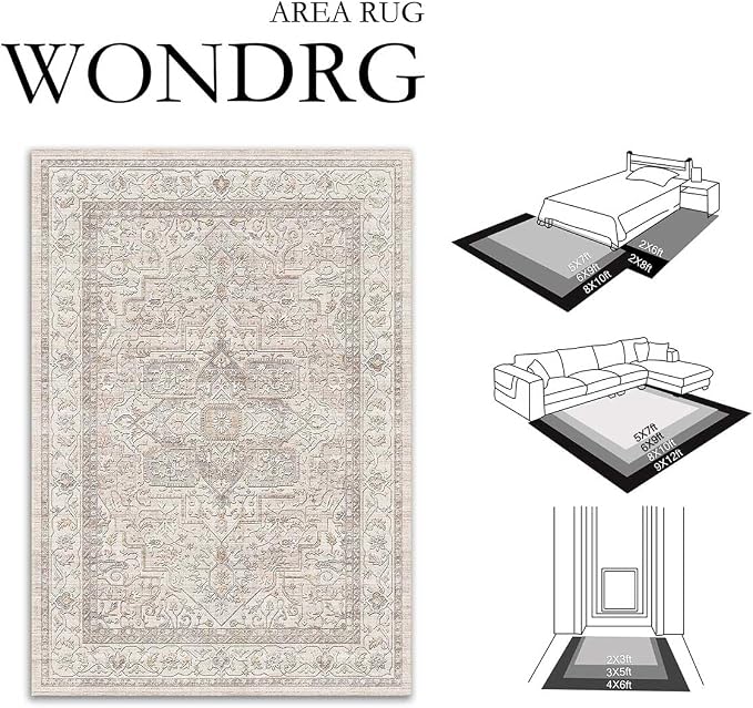 8x10 Washable Vintage Area Rug Beige Oriental Living Room Bedroom Throw Rug - Image 2