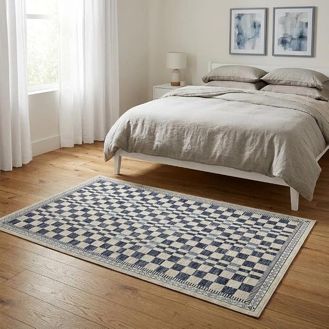 GarveeHome 3x5 Small Rug for Bedroom Machine Washable Blue Checkered Area Rug - Image 2