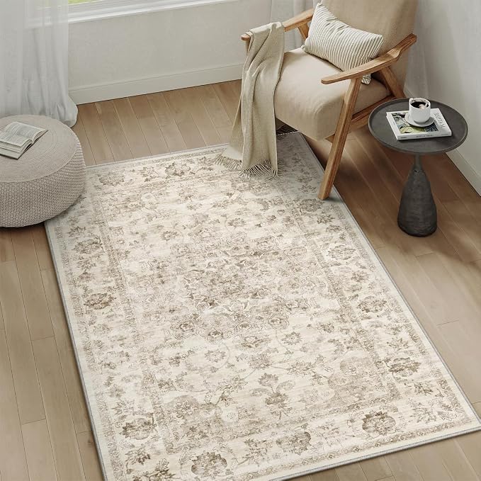 3x5 Washable Neutral Area Rug Beige Vintage Entryway Office Carpet Non-Slip - Image 2