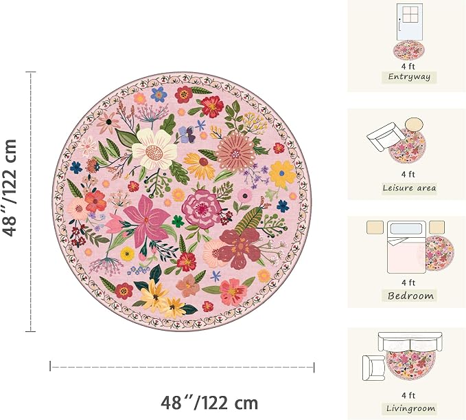 Latte&Fog Pink Floral Circle Area Rug, 4ft Round Cute Area Rug, Low Pile Non - Image 2
