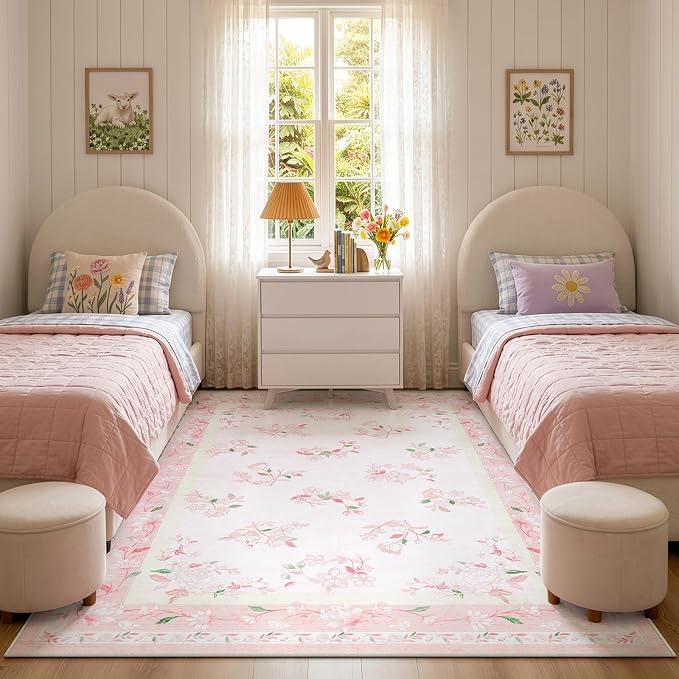 LIVEBOX 5x7 Soft Nursery Rug for Baby Girl, Light Pink Rug Non-Slip Faux Wool - Image 5