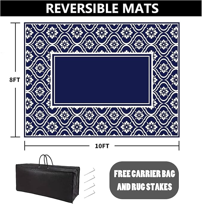 HUGEAR Outdoor Rug 8x10 Patio Camping Carpet Waterproof Mat Blue Outside - Image 2