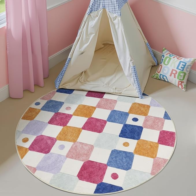 jinchan Macy 5ft Round Rug for Kids Room Modern Colorful Checkered Diamond - Image 4