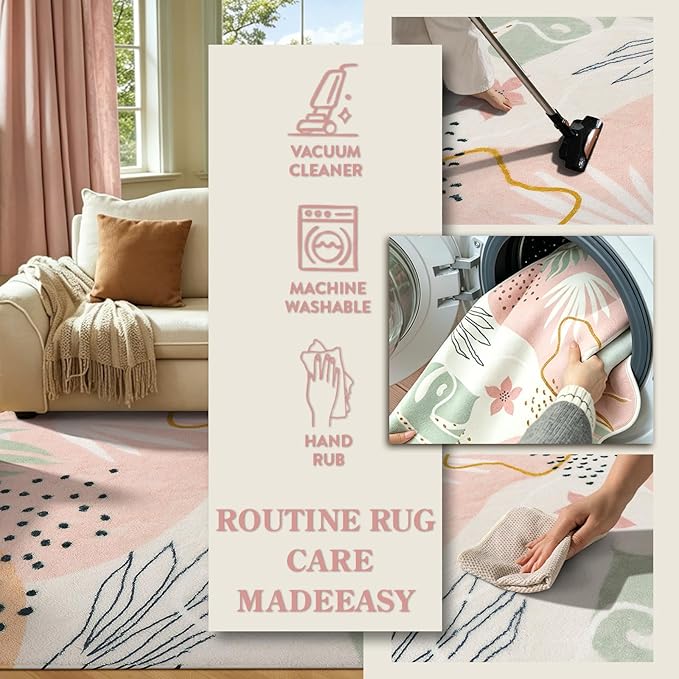 Lahome Pink Boho Nursery Rug 4x6, Washable Non Slip Soft Botanical Area Rug - Image 5