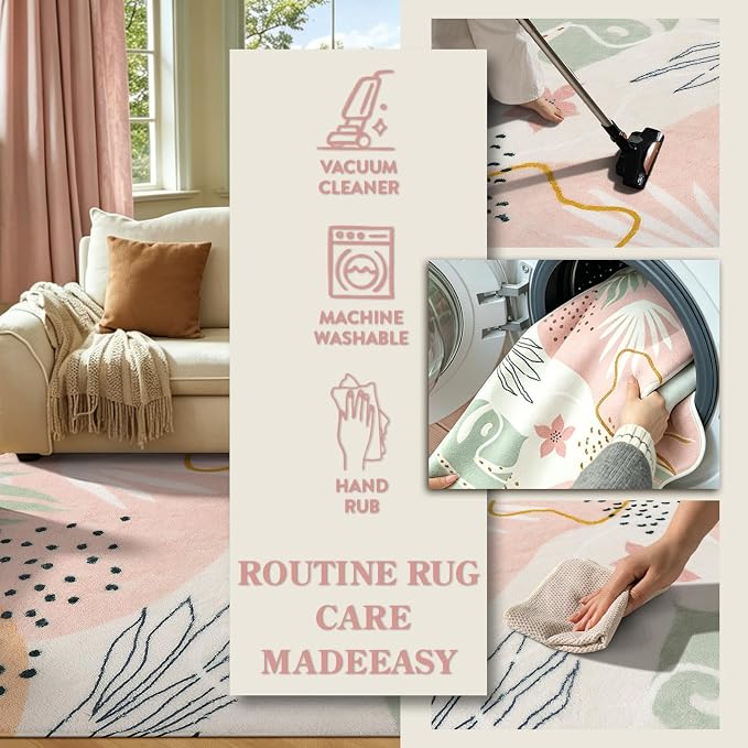 Lahome Pink Boho Bedroom Rug 5x7, Washable Non Slip Soft Botanical Area Rug - Image 5
