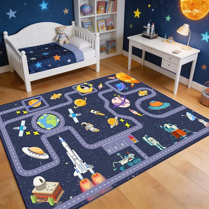 Outer Space Kid Rug，Boys Car Rug by Pyrrhiteisalwayswithyou