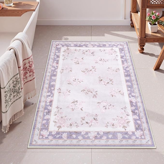 LIVEBOX Floral Washable Rug 2x3, Lavender Bathroom Rugs Non Slip Soft Bedroom by LIVEBOX