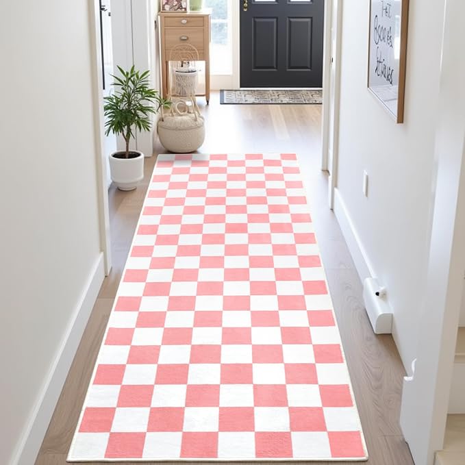 Terrug Pink and White Checkered Area Rug - Image 2