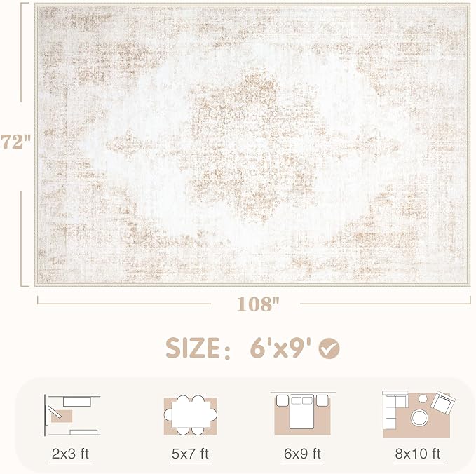 Area Rug 6x9 Vintage Rug: Washable Living Room Rugs Retro Medallion Distressed - Image 2