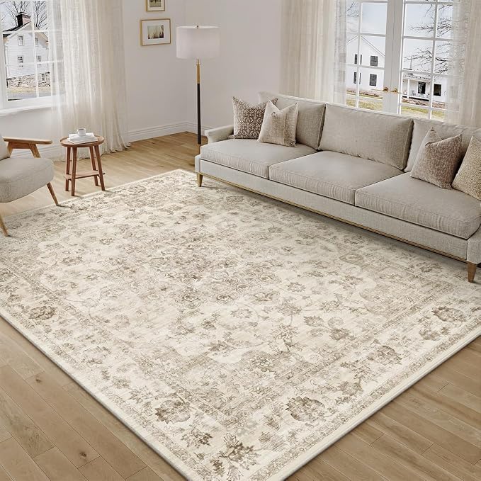 7x10 Washable Neutral Area Rug Beige Vintage Living Room Bedroom Carpet by WondRg