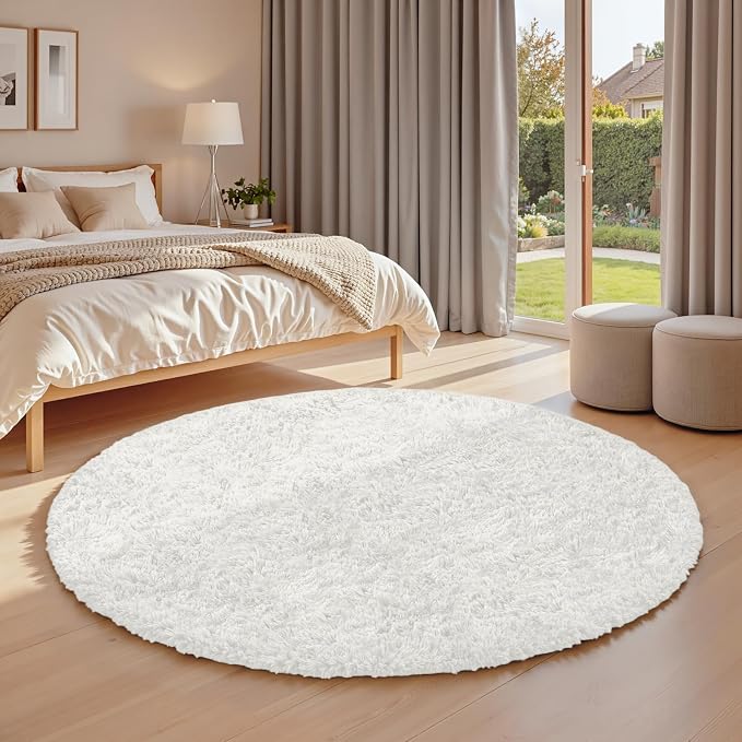White Round Fluffy Rug 6ft, Soft Bedroom Circle Rugs Mats - Image 3