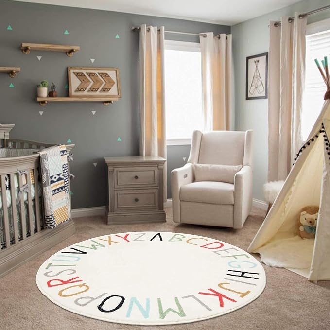 Topotdor Rainbow Round Kids Play Rug Alphabet Nursery Area Rug Extra Large Soft - Image 2