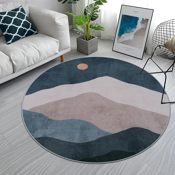 4ft Abstract Round Area Rug, Chic Faux Wool Washable Non-Slip Sun and Mountain by Sungea