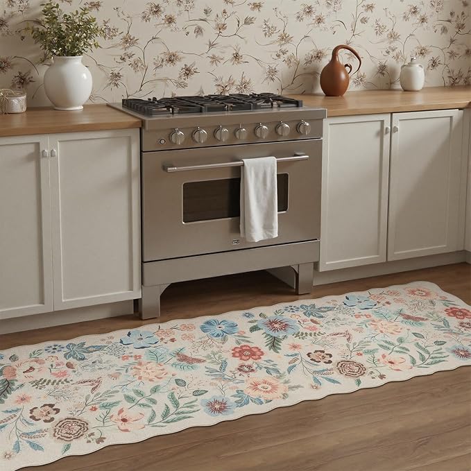 DCX Beige Floral Rug 2x6, Washable Beige Rug - Image 2