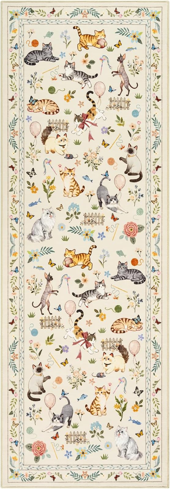 Unirea 2x6 Beige Cat Runner Rug, Washable Non Slip Botanical Rug - Image 2