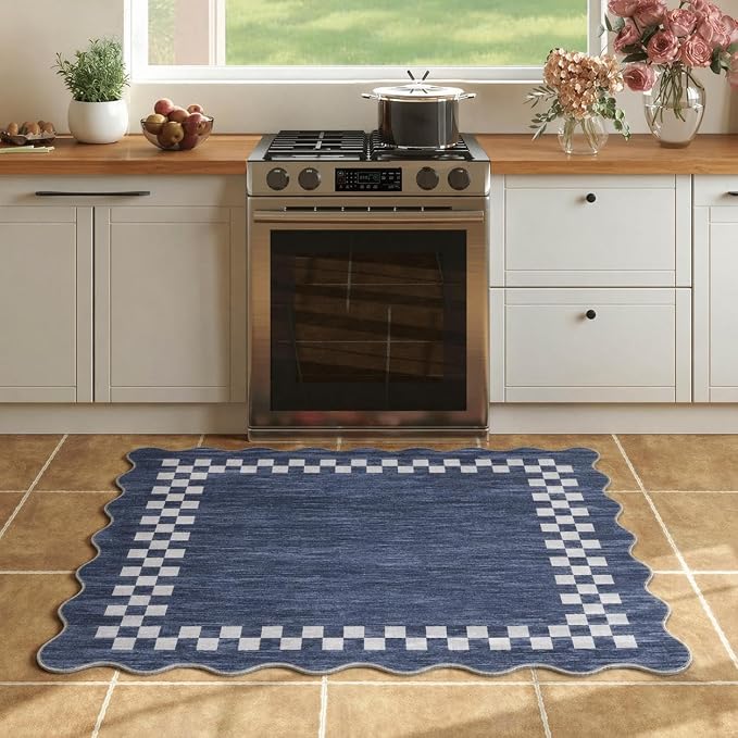 Small Area Rug 2x3 Modern Checkered Entry Rug Solid Color Scalloped Kitchen - Image 8