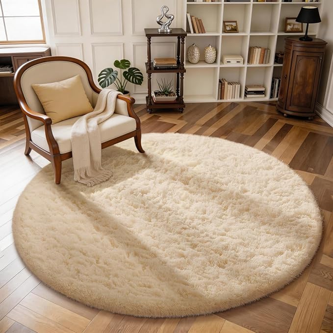 Ophanie Round Rug 4Ft Beige Circle Area Rug, Fluffy Fuzzy Small Bedroom Carpet by Ophanie