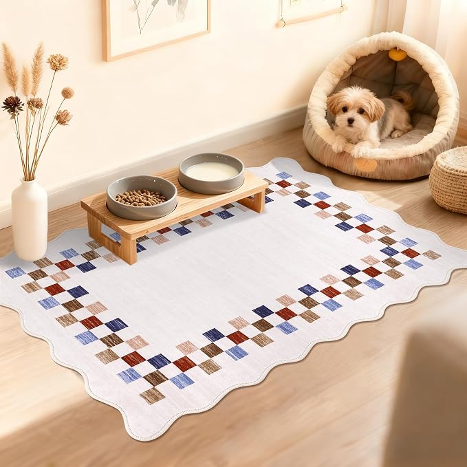 Small Area Rug 2x3 Modern Checkered Entry Rug Solid Color Scalloped Kitchen by GarveeHome