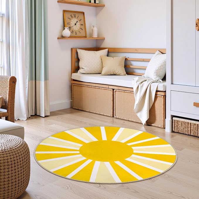 Lahome Yellow Rainbow Sun Round Rug: 3ft Washable & Non-Slip Low Pile - Image 7