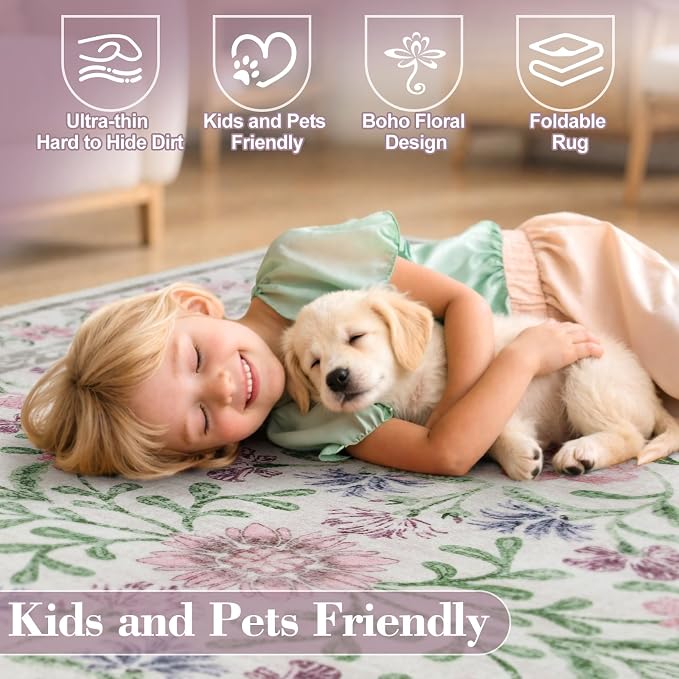 Wonnitar Floral Purple Rug for Bedroom, Washable 5x7 Area Rugs for Dorm - Image 6