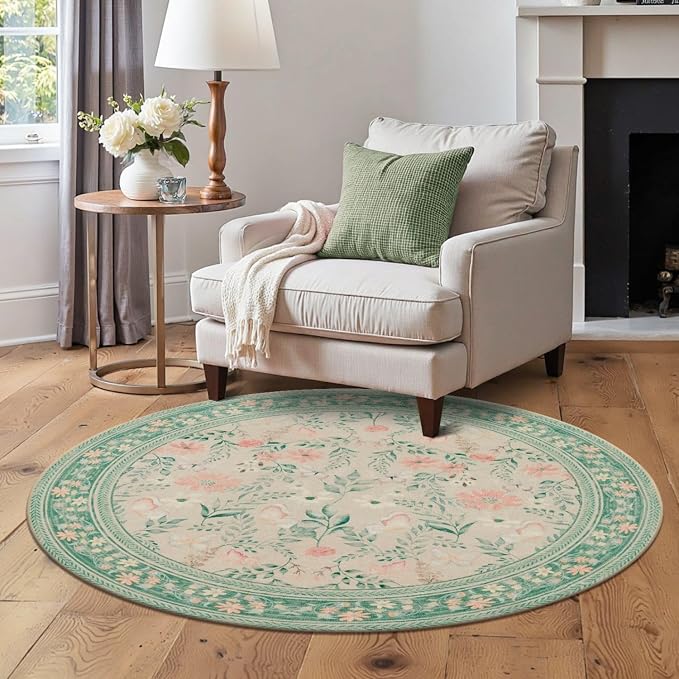 Rugxara 4ft Floral Round Rug, Washable Circle Rug, Non Slip Low Pile Carpet - Image 3