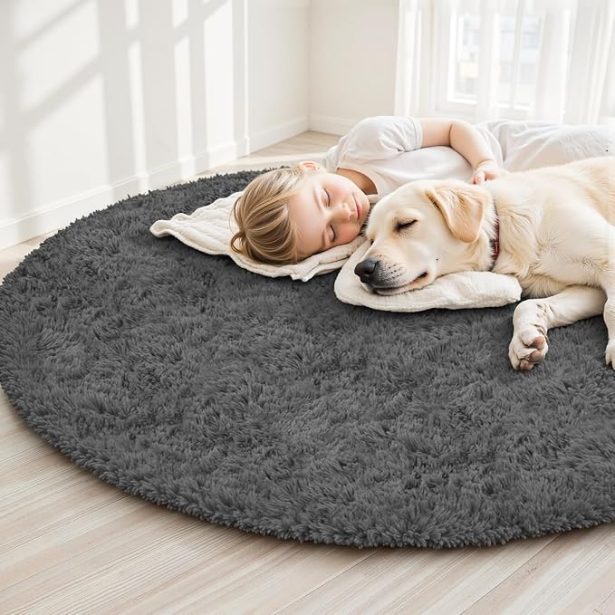 Dark Gray Round Fluffy Rug 5ft Plush Fuzzy Shaggy Carpet, Soft Rugs - Image 3