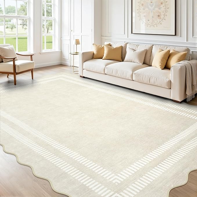 Washable 6x9 Area Rugs for Living Room, Solid Ivory Ultra-Thin Bedroom Rug by LORWER