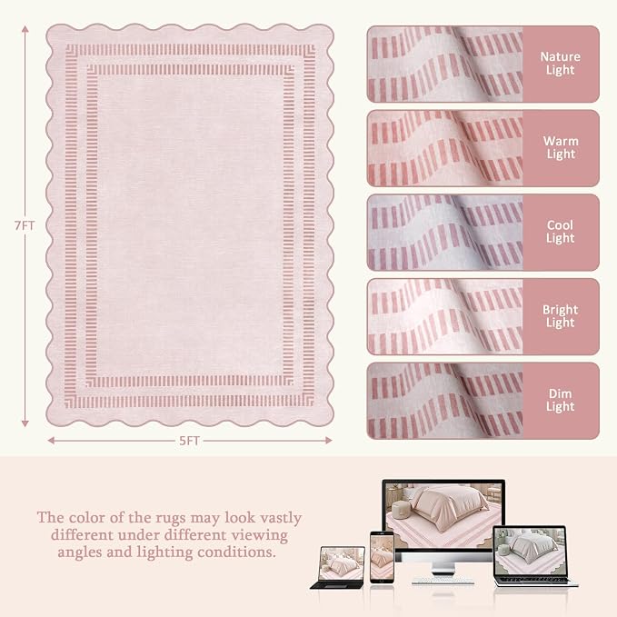 Pink Rugs for Bedroom Girls, 5x7 Washable Non Slip Area Rugs for Living Room - Image 2
