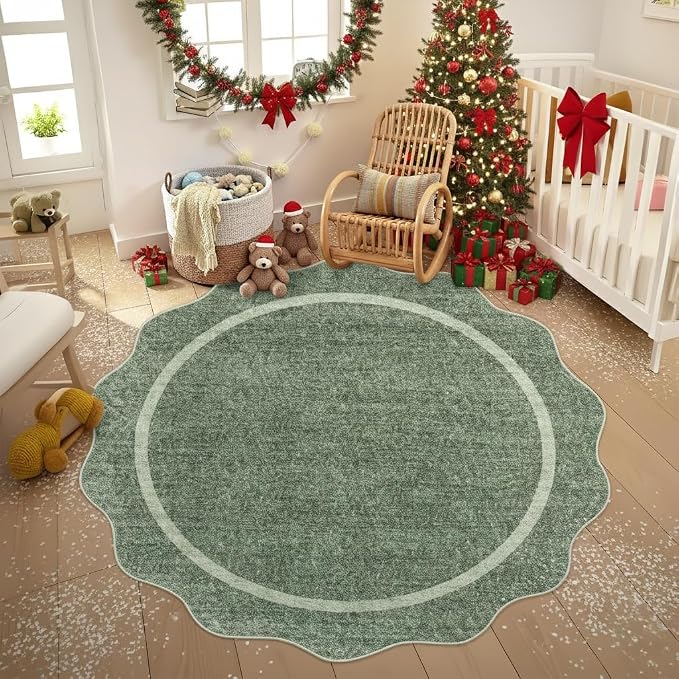 GarveeHome Scalloped Washable Round Rugs, Non-Slip Soft Round Rug 4 ft by GarveeHome