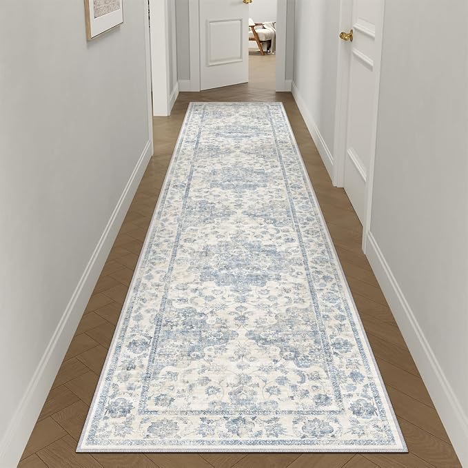 2x10 Washable Neutral Runner Rug Blue Vintage Hallway Kitchen Carpet Non-Slip by WondRg
