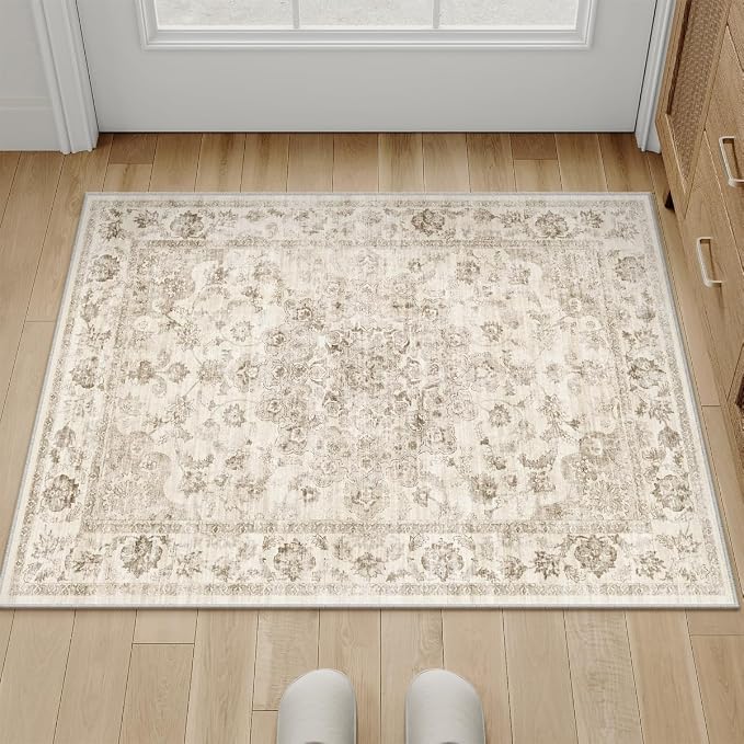 2x3 Washable Neutral Area Rug Beige Vintage Entryway Kitchen Carpet Non-Slip - Image 3