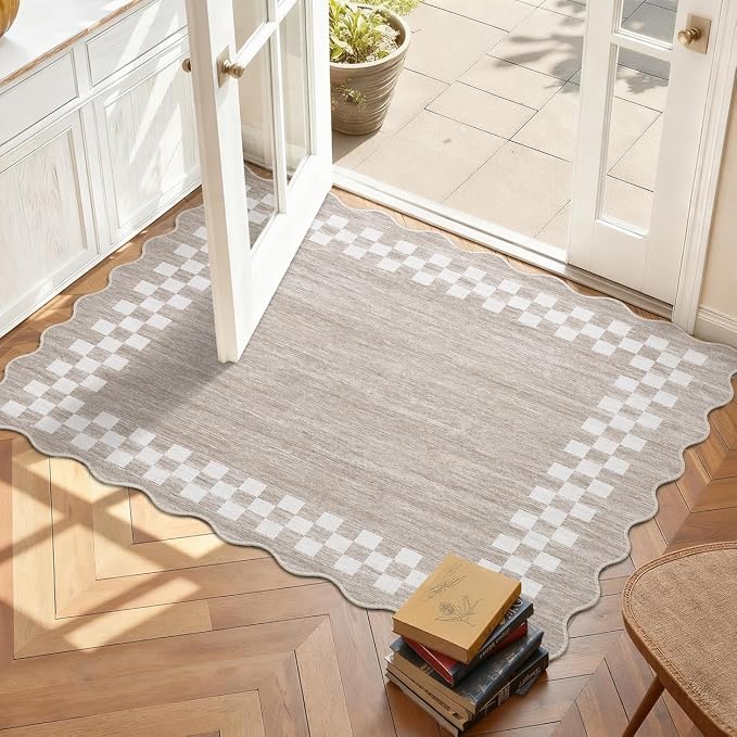 Small Area Rug 2x3 Modern Checkered Entry Rug Solid Color Scalloped Kitchen - Image 2
